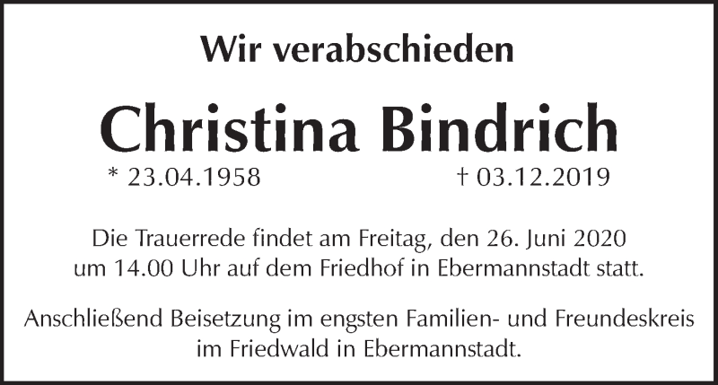  Traueranzeige für Christina Bindrich vom 24.06.2020 aus MGO