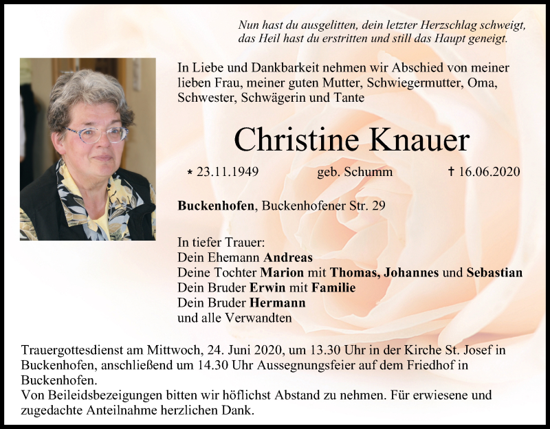  Traueranzeige für Christine Knauer vom 20.06.2020 aus MGO