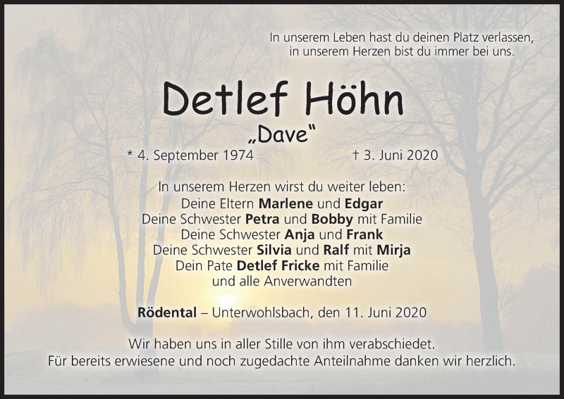  Traueranzeige für Detlef Höhn vom 11.06.2020 aus MGO
