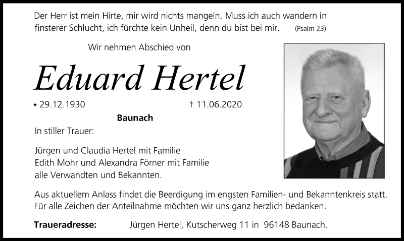  Traueranzeige für Eduard Hertel vom 15.06.2020 aus MGO