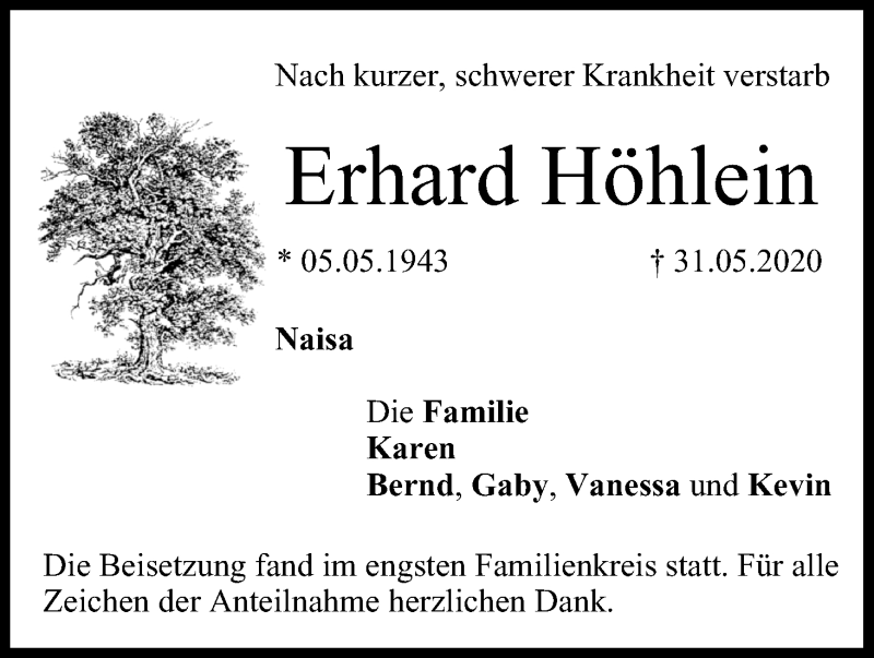  Traueranzeige für Erhard Höhlein vom 13.06.2020 aus MGO