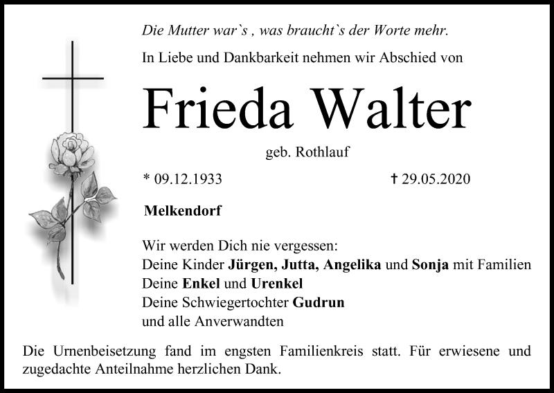  Traueranzeige für Frieda Walter vom 13.06.2020 aus MGO