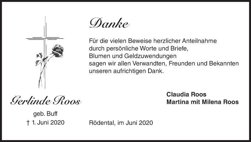  Traueranzeige für Gerlinde Roos vom 13.06.2020 aus MGO