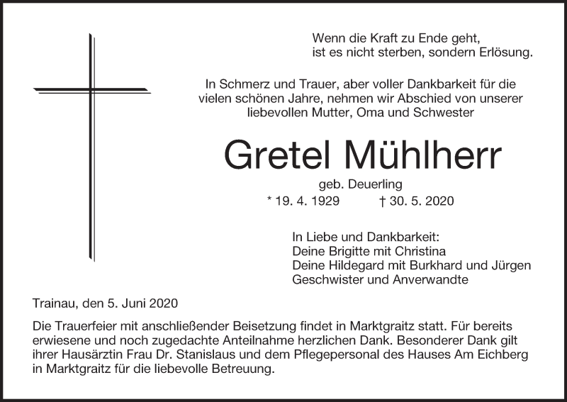  Traueranzeige für Gretel Mühlherr vom 05.06.2020 aus MGO