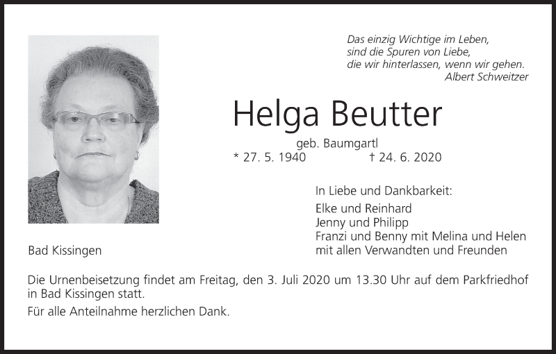  Traueranzeige für Helga Beutter vom 27.06.2020 aus MGO