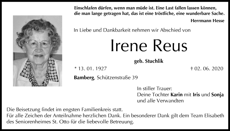  Traueranzeige für Irene Reus vom 06.06.2020 aus MGO