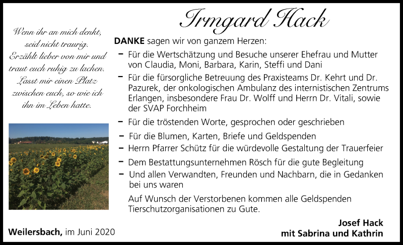  Traueranzeige für Irmgard Hack vom 13.06.2020 aus MGO