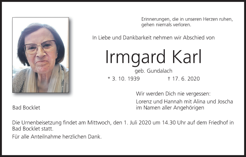  Traueranzeige für Irmgard Karl vom 27.06.2020 aus MGO