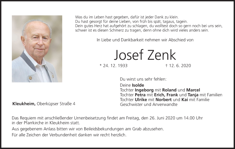  Traueranzeige für Josef Zenk vom 20.06.2020 aus MGO