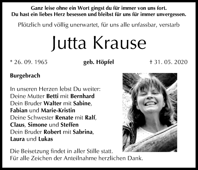  Traueranzeige für Jutta Krause vom 06.06.2020 aus MGO