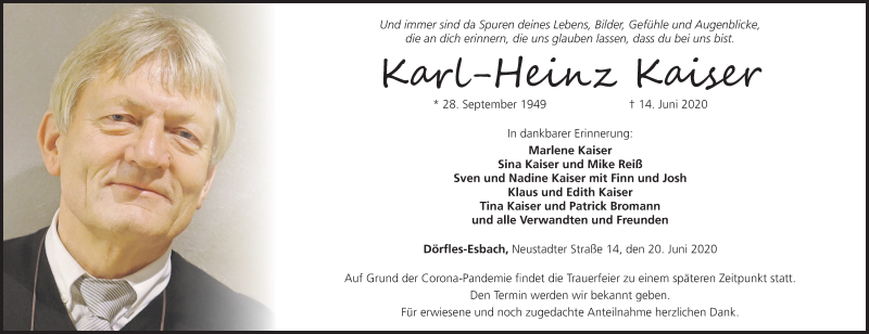  Traueranzeige für Kairt-Heinz Kaiser vom 20.06.2020 aus MGO