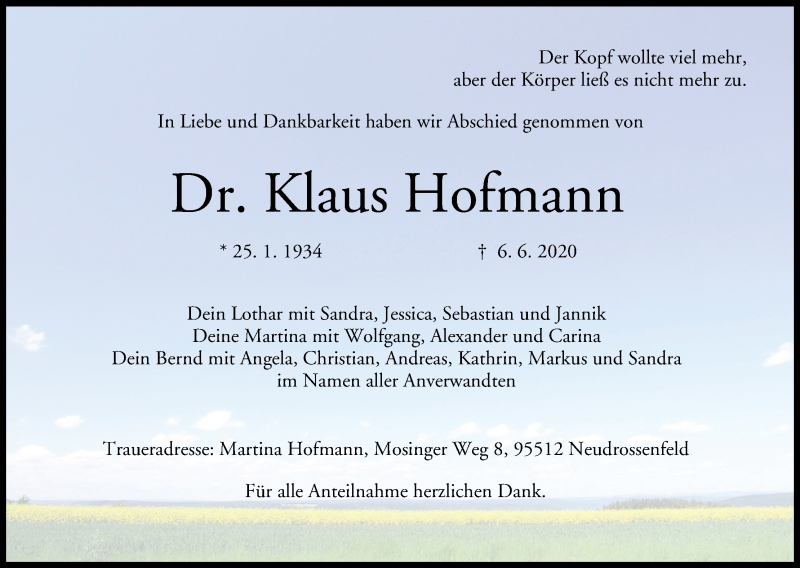  Traueranzeige für Klaus Hofmann vom 13.06.2020 aus MGO