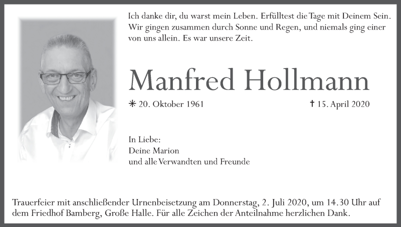  Traueranzeige für Manfred Hollmann vom 27.06.2020 aus MGO