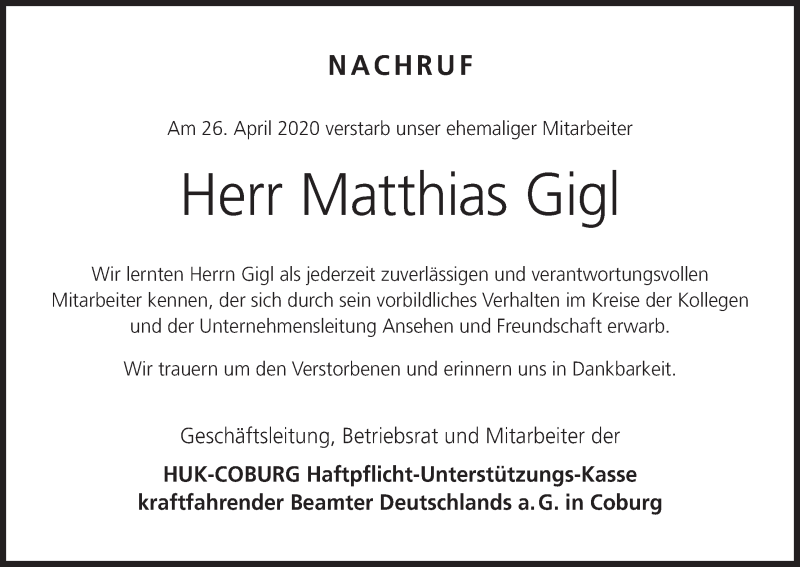  Traueranzeige für Matthias Gigl vom 02.06.2020 aus MGO