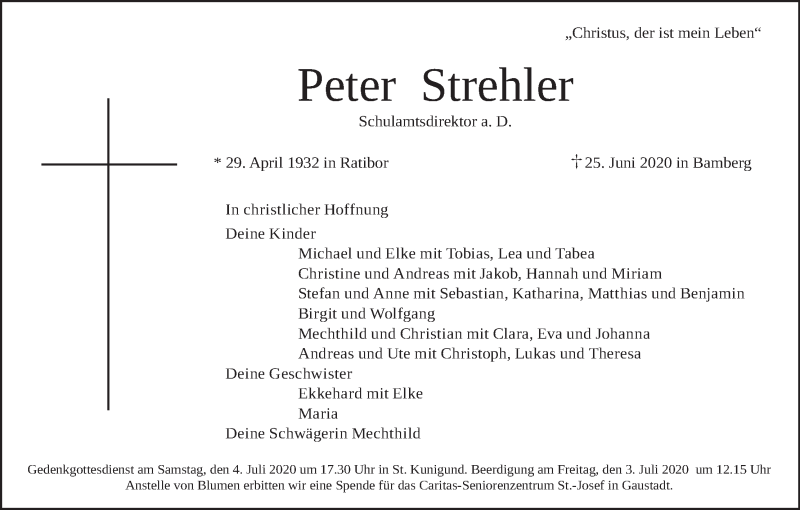  Traueranzeige für Peter Strehler vom 27.06.2020 aus MGO