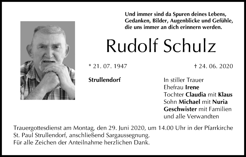  Traueranzeige für Rudolf Schulz vom 27.06.2020 aus MGO