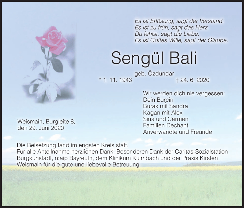  Traueranzeige für Sengül Bali vom 29.06.2020 aus MGO