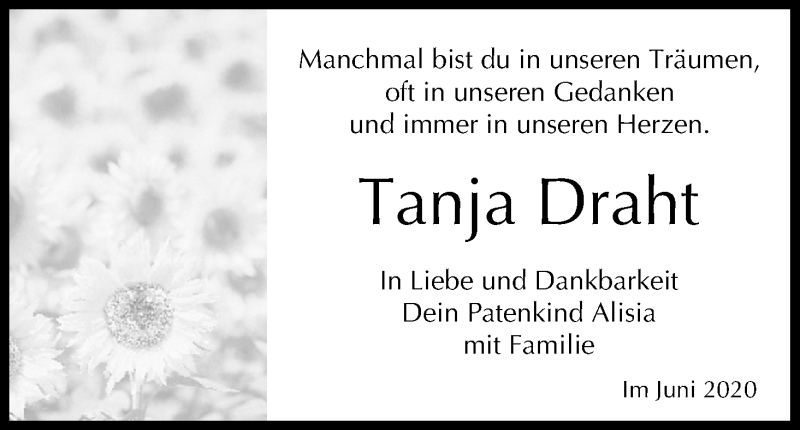  Traueranzeige für Tanja Draht vom 17.06.2020 aus MGO