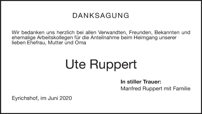  Traueranzeige für Ute Ruppert vom 20.06.2020 aus MGO