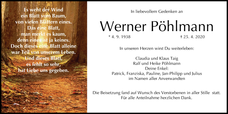  Traueranzeige für Werner Pöhlmann vom 04.06.2020 aus MGO