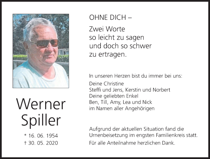  Traueranzeige für Werner Spiller vom 19.06.2020 aus MGO