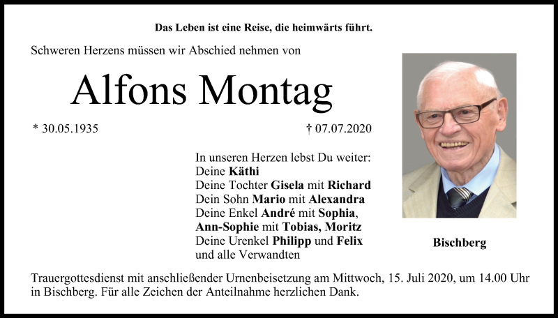  Traueranzeige für Alfons Montag vom 11.07.2020 aus MGO