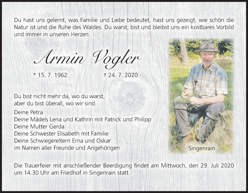  Traueranzeige für Armin Vogler vom 28.07.2020 aus MGO