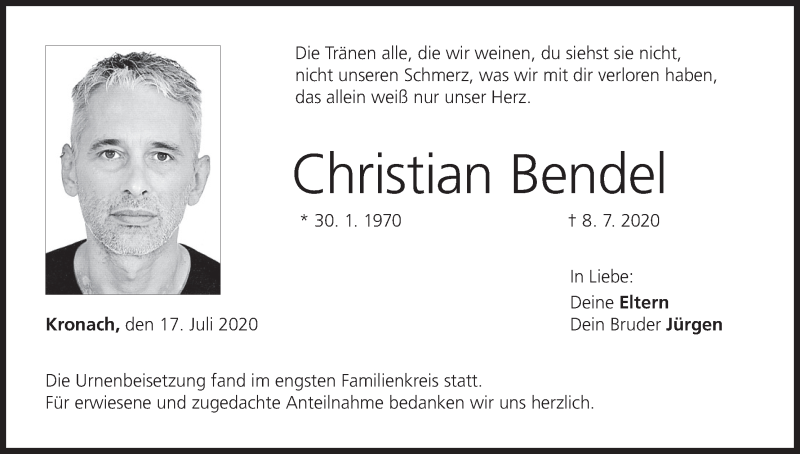  Traueranzeige für Christian Bendel vom 17.07.2020 aus MGO