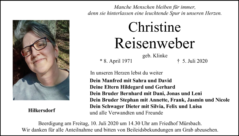  Traueranzeige für Christine Reisenweber vom 08.07.2020 aus MGO