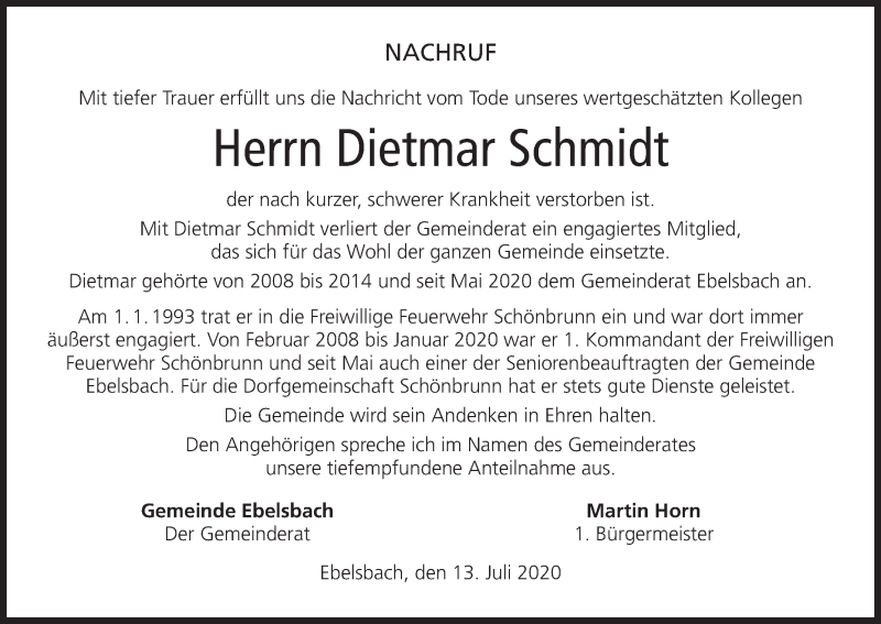  Traueranzeige für Dietmar Schmidt vom 13.07.2020 aus MGO