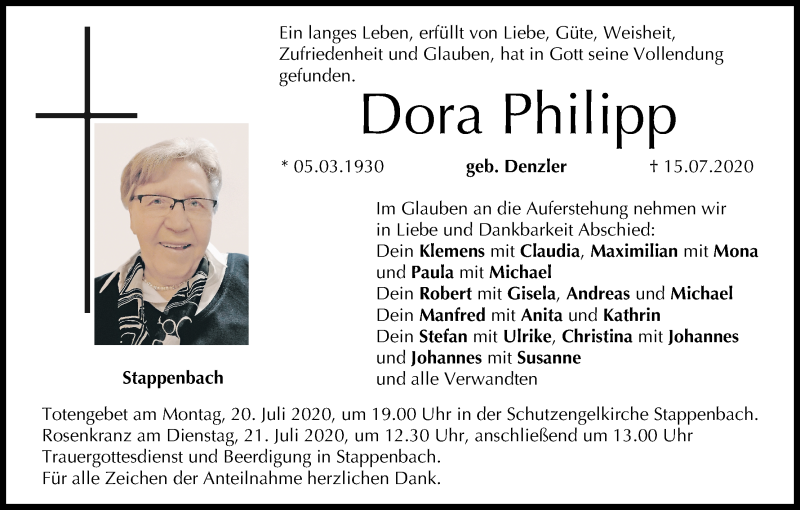  Traueranzeige für Dora Philipp vom 18.07.2020 aus MGO