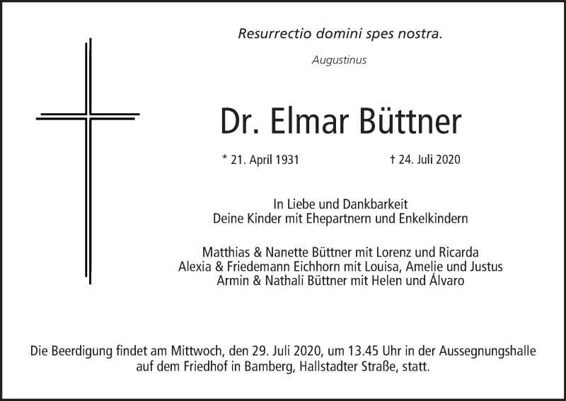  Traueranzeige für Elmar Büttner vom 28.07.2020 aus MGO