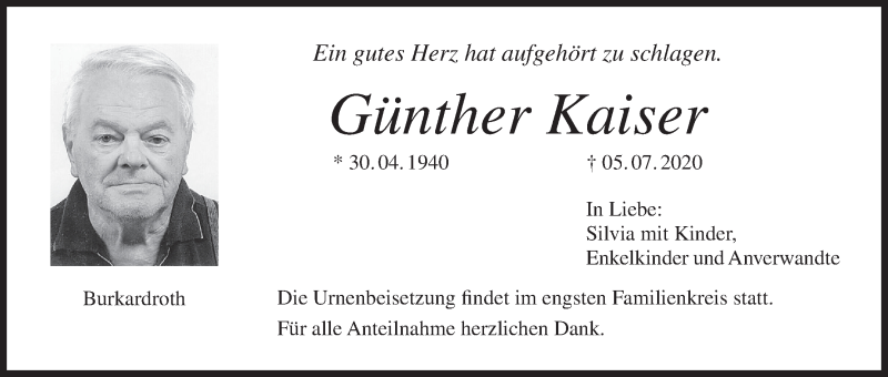 Günther Kaiser | Traueranzeige | trauer.inFranken.de