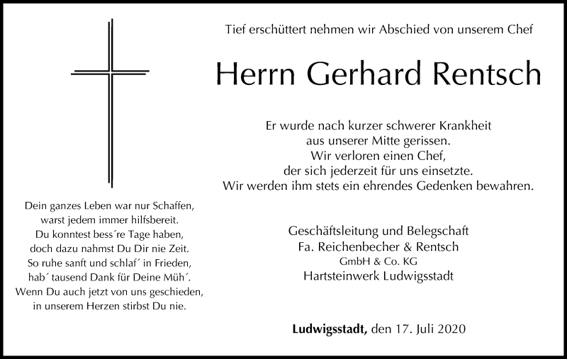  Traueranzeige für Gerhard Rentsch vom 17.07.2020 aus MGO