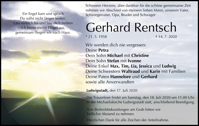  Traueranzeige für Gerhard Rentsch vom 17.07.2020 aus MGO