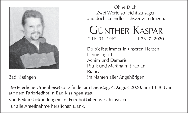  Traueranzeige für Günther Kaspar vom 31.07.2020 aus MGO