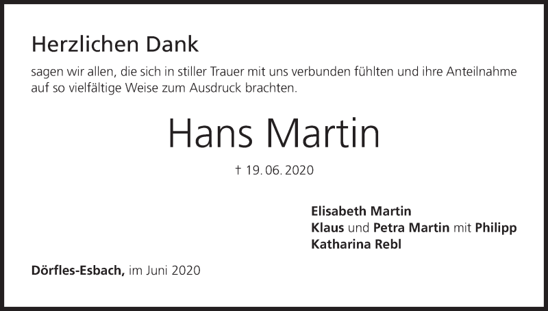  Traueranzeige für Hans Martin vom 18.07.2020 aus MGO
