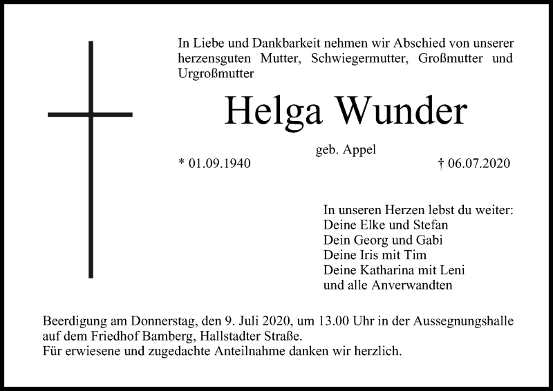  Traueranzeige für Helga Wunder vom 08.07.2020 aus MGO
