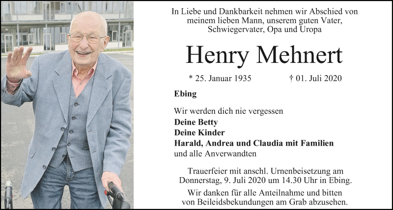  Traueranzeige für Henry Mehnert vom 04.07.2020 aus MGO