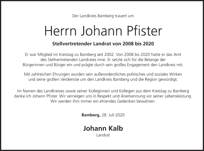  Traueranzeige für Johann Pfister vom 28.07.2020 aus MGO