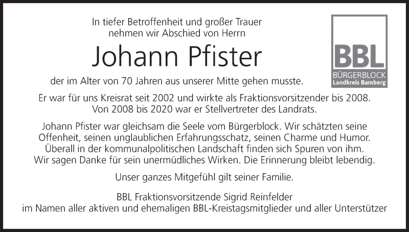  Traueranzeige für Johann Pfister vom 28.07.2020 aus MGO