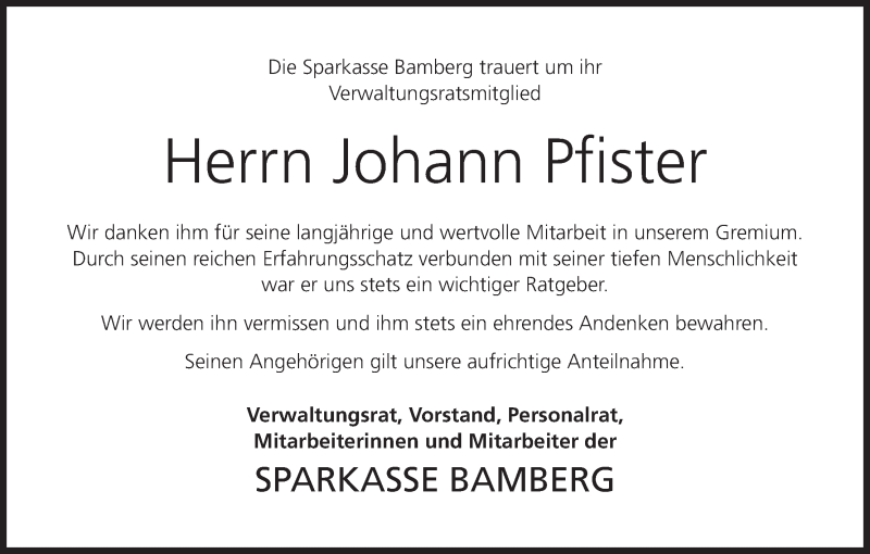  Traueranzeige für Johann Pfister vom 29.07.2020 aus MGO