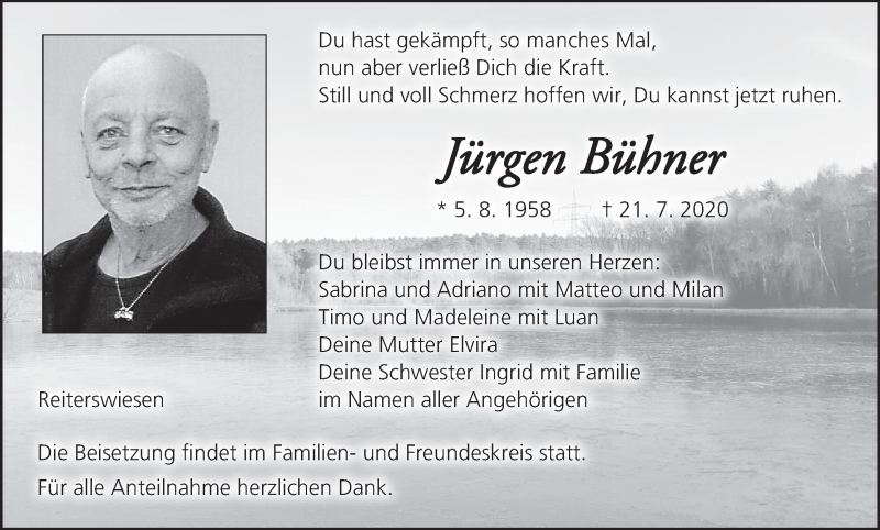  Traueranzeige für Jürgen Bühner vom 25.07.2020 aus MGO
