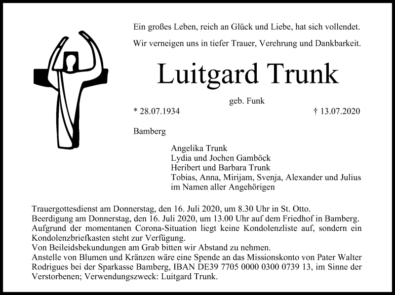  Traueranzeige für Luitgard Trunk vom 15.07.2020 aus MGO