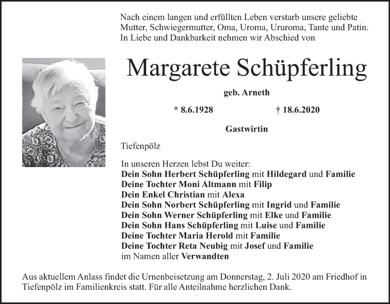  Traueranzeige für Margarete Schüpferling vom 30.06.2020 aus MGO