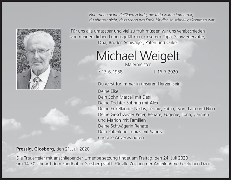  Traueranzeige für Michael Weigelt vom 21.07.2020 aus MGO