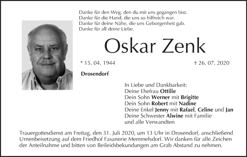  Traueranzeige für Oskar Zenk vom 28.07.2020 aus MGO
