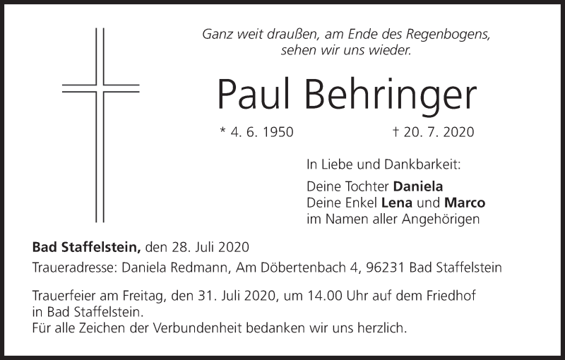  Traueranzeige für Paul Behringer vom 28.07.2020 aus MGO
