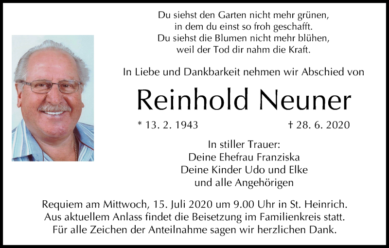  Traueranzeige für Reinhold Neuner vom 11.07.2020 aus MGO