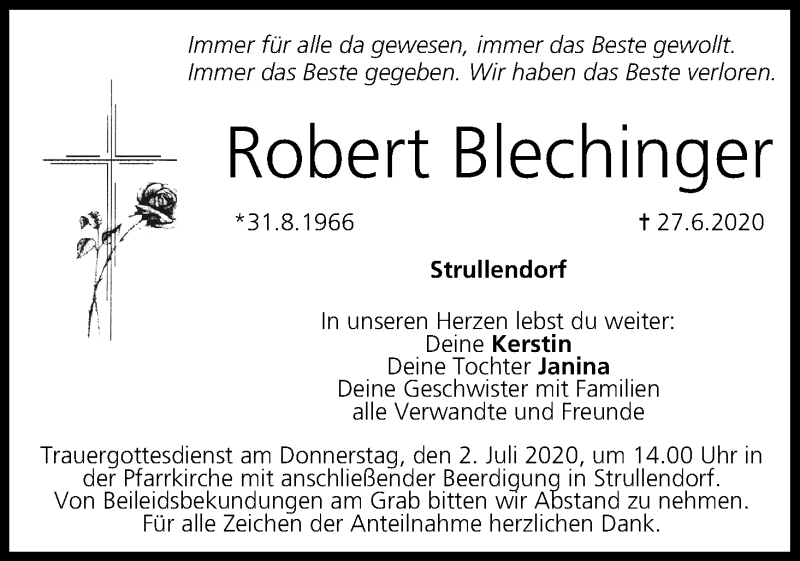  Traueranzeige für Robert Blechinger vom 30.06.2020 aus MGO